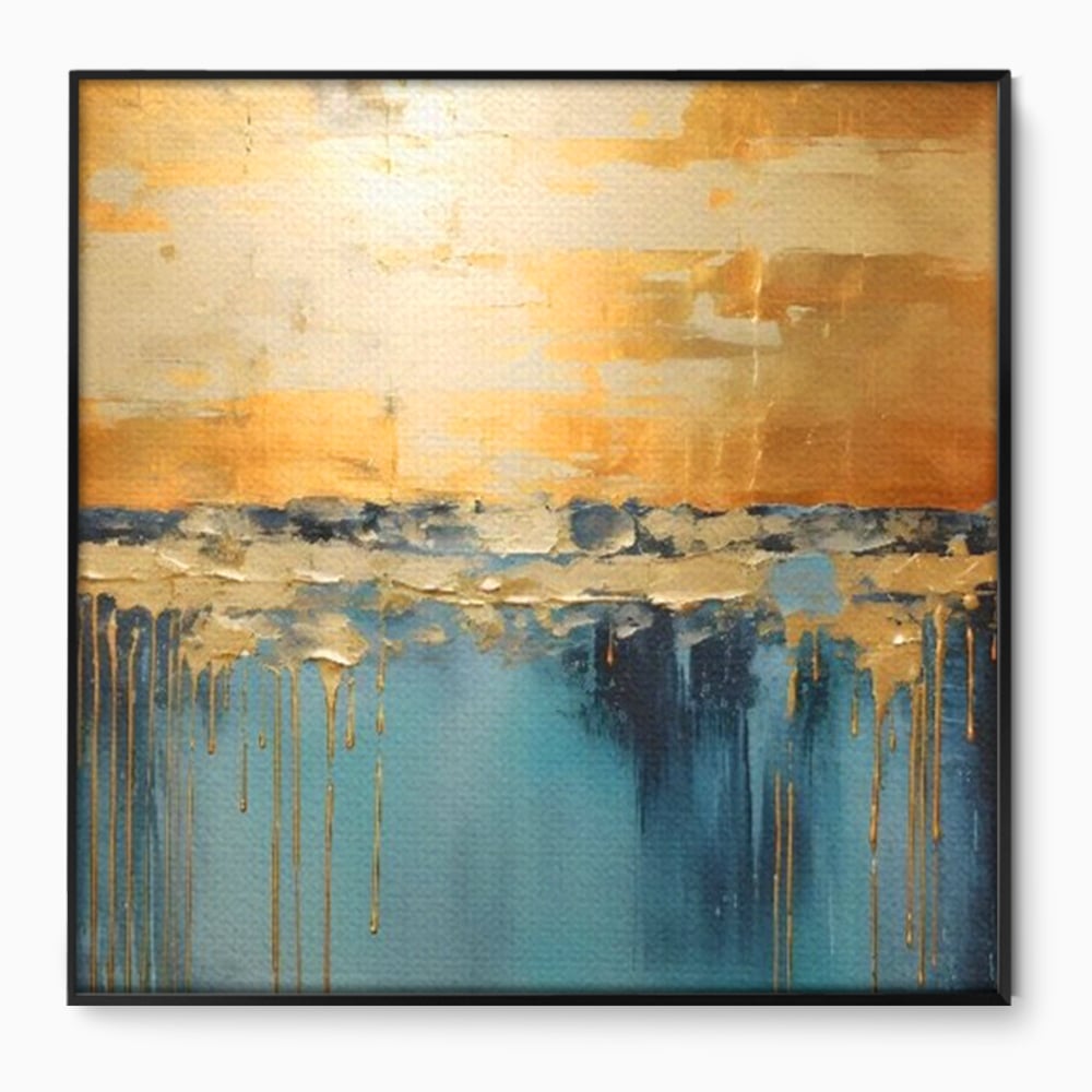 Tablou canvas cu pictura abstracta cu texturi aurite, in rama de aluminiu negru
